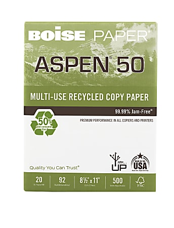 Boise ASPEN 50 Multi Use Printer Copier Paper Letter Size 8 12 x 11 Ream Of  500 Sheets 92 U.S. Brightness 20 Lb 50percent Recycled FSC Certified White  - Office Depot