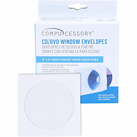 Compucessory CD/DVD White Window Envelopes - CD/DVD - 5" Width x 5" Length - 100 / Box - White