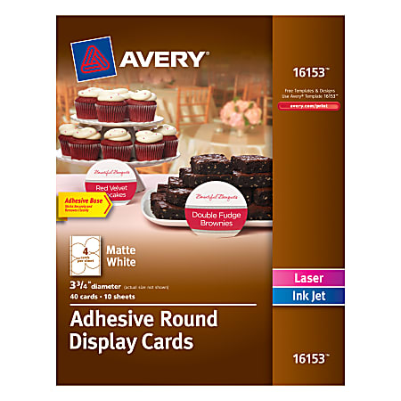 Avery® Adhesive Round Display Cards, 3 3/4" x 3 3/4", Matte White, Pack Of 40