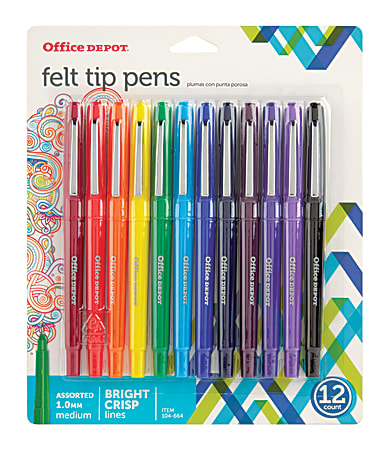 Pack of 12 Assorted Ink Colors Medium Point 1.0 mm Office Depot Brand Felt-Tip Pens 
