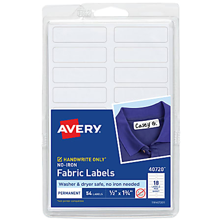 Avery® No-Iron Fabric Labels, 40720, Rectangle, 1/2" x 1-3/4", White, Pack Of 54