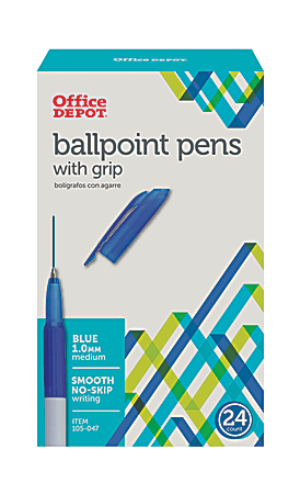 Office Depot® Brand Grip Ballpoint Pens, Medium Point, 1.0 mm, White Barrel, Blue Ink, Pack Of 24 Pens