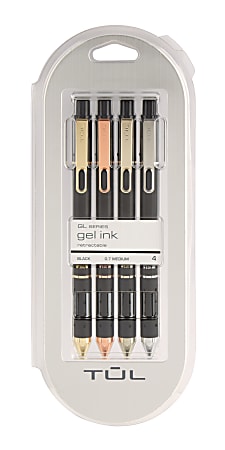 TUL® Retractable Gel Pens, Mixed Metals, Medium Point, 0.7 mm, Black Barrel, Black Ink, Pack Of 4 Pens