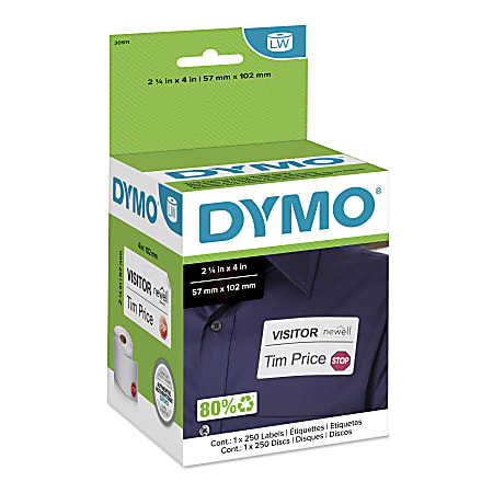 DYMO® Authentic LW Name Badge Labels with 12-Hour Expiration Notification Disks for LabelWriter™ Label Printers, White, 2-1/4" x 4", 1 Roll of 250