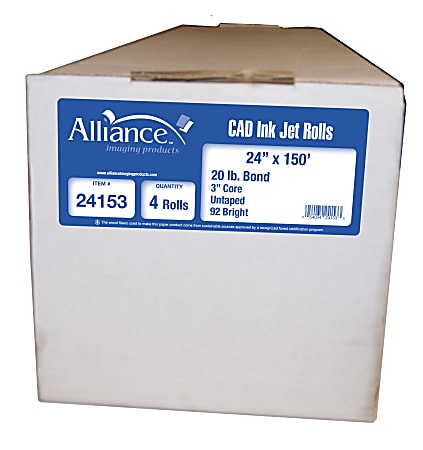 Alliance CAD Bond Paper 3 Core 24 x 150 92 Brightness 20 Lb White
