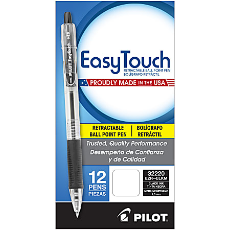 Pilot® EasyTouch Retractable Ballpoint Pens, Medium Point, 1.0 mm, Clear Barrel, Black Ink, Pack Of 12