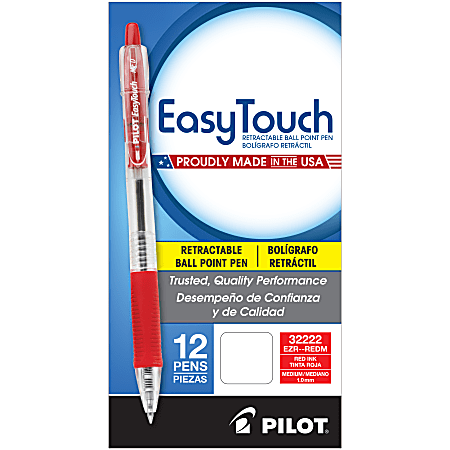 Pilot® EasyTouch Retractable Ballpoint Pens, Medium Point, 1.0 mm, Clear Barrel, Red Ink, Pack Of 12