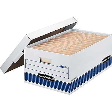 Bankers Box® Stor/File™ FastFold® Medium-Duty Storage Boxes With Locking Lift-Off Lids And Built-In Handles, Legal Size, 24“D x 15" x 10", White/Blue, 60% Recycled, Case Of 12