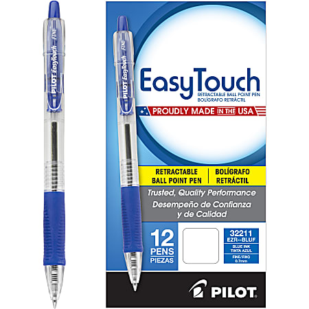 Pilot® EasyTouch Retractable Ballpoint Pens, Fine Point, 0.7 mm, Clear Barrel, Blue Ink, Pack Of 12