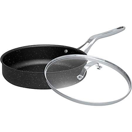 Starfrit The Rock 11" , 4.7-Quart Deep Saute Pan with Glass Lid & Stainless Steel Handles - - Glass Lid, Forged Aluminum Base - Frying, Cooking - Dishwasher Safe - Black