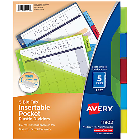 Avery® Big Tab™ Insertable Plastic Dividers, Single Pocket, Multicolor, 5-Tab