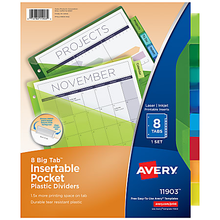 Avery® Big Tab™ Insertable Plastic Dividers, Single Pocket, Multicolor, 8-Tab