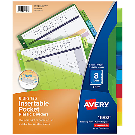 Avery® Big Tab™ Insertable Plastic Dividers, Single Pocket, Multicolor,  8-Tab