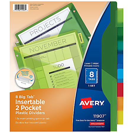 Avery® Big Tab™ Insertable Plastic Dividers, Double Pocket, Multicolor, 8-Tab