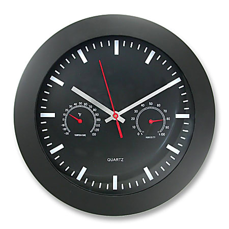 Black/Silver/Red Timekeeper 12 Wall Clock with Black Frame and Temperature/Humidity Gauges 