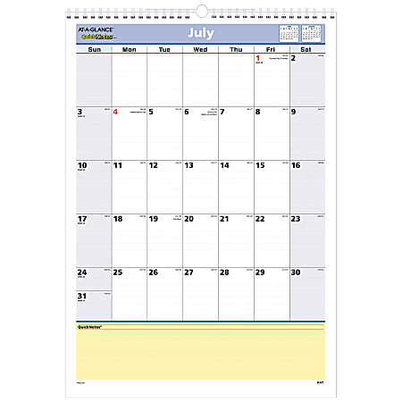 AT-A-GLANCE® QuickNotes® Academic Monthly Wall Calendar, 12" x 17", 30% Recycled, White, July 2017 to June 2018