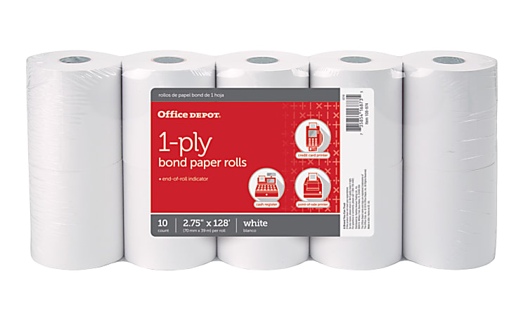 Office Depot® Brand 1-Ply Bond Paper Rolls, 2-3/4" x 128', White, Pack Of 10