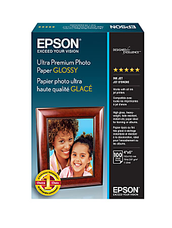 Epson® Ultra Premium Glossy Photo Paper, 4" x 6", 79 Lb, Pack Of 100 Sheets