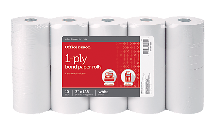 Office Depot® Brand 1-Ply Bond Paper Rolls, 3" x 128', White, Pack Of 10