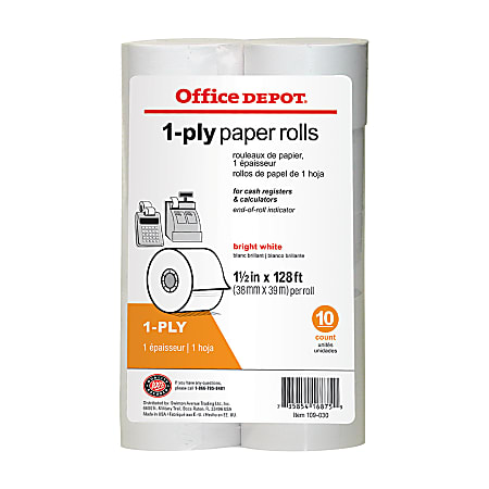 Office Depot® Brand 1-Ply Paper Rolls, 1 1/2" x 128', White, Pack Of 10