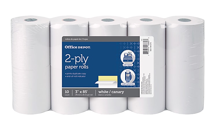 Office Depot® Brand 2-Ply Paper Rolls, 3" x 85', Canary/White, Pack Of 10