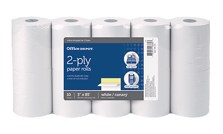 Office Depot® Brand 2-Ply Paper Rolls, 3" x 85', Canary/White, Pack Of 10
