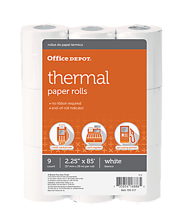 Office Depot® Brand Thermal Paper Rolls, 2-1/4" x 85', White, Pack Of 9