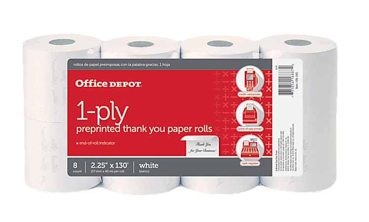 Office Depot® Brand 1-Ply Preprinted "Thank You" Paper Rolls, 2-1/4” x 130', White, Pack Of 8