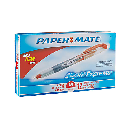 Paper Mate® Liquid Expresso® Porous Point Pens, Medium Point, 1.0 mm, Clear Barrel, Red Ink, Pack Of 12