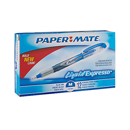 Paper Mate® Liquid Expresso® Porous Point Pens, Medium Point, 1.0 mm, Clear Barrel, Blue Ink, Pack Of 12
