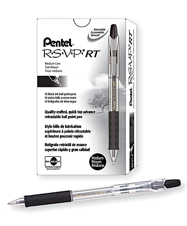 Pentel® R.S.V.P.® RT Retractable Ballpoint Pens, Medium Point, 1.0 mm, 61% Recycled, Transparent Black Barrel, Black Ink, Pack Of 12 Pens
