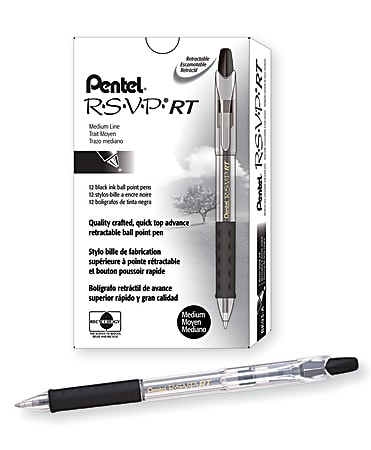 Pentel R.S.V.P. RT Retractable Ballpoint Pens Medium Point 1.0 mm 61percent  Recycled Transparent Black Barrel Black Ink Pack Of 12 Pens - Office Depot