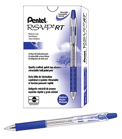 Pentel® R.S.V.P.® RT Retractable Ballpoint Pens, Medium Point, 1.0 mm, 61% Recycled, Transparent Blue Barrel, Blue Ink, Pack Of 12 Pens