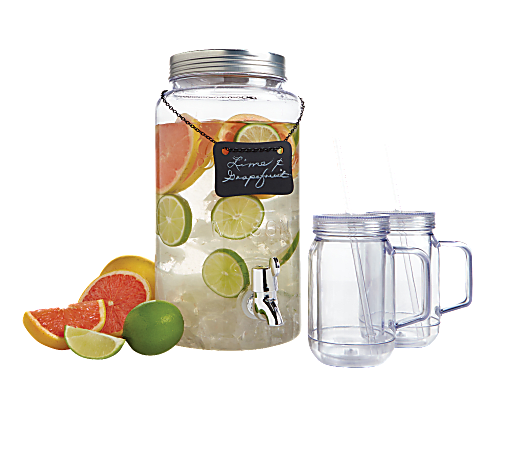 Mason Beverage Dispenser With Chalkboard Sign And Tumblers, 1.6 Gallon Dispenser, 4 Piece Set