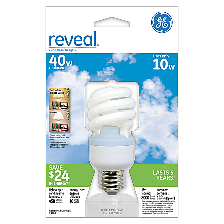 GE Spiral Compact Fluorescent Bulb, Reveal, 10 Watts