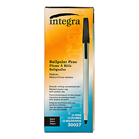 Integra Ballpoint Stick Pens - Medium Pen Point - Black - Light Gray Barrel - 1 Dozen