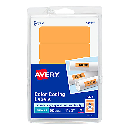 Avery® Self-Adhesive Removable Print Or Write Color Coding Labels, 5477, Rectangle, 1" x 3", Neon Orange, Pack Of 200