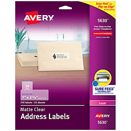 Avery® Matte Address Labels With Sure Feed® Technology, 5630, Rectangle, 1" x 2-5/8", Clear, Pack Of 750