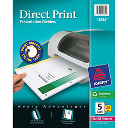 Avery® Direct Print® 30% Recycled Presentation Dividers, 5-Tab, Pack Of 24 Sets