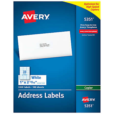 Avery® Copier Permanent Address Labels, 5351, 1&quot; x