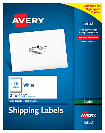 Avery® Shipping Labels For Copiers, 5352, Rectangle, 2" x 4-1/4", White, Pack Of 1,000