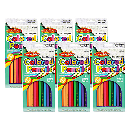 Charles Leonard Pre-Sharpened Colored Pencils, Assorted Colors, 7 Inches, 12 Per Pack, Set Of 6 Packs