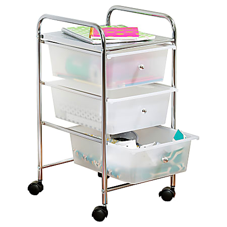 Honey-Can-Do Plastic/Steel 3-Drawer Rolling Storage Cart, 37 7/16" x 15 5/16" x 13", White/Chrome