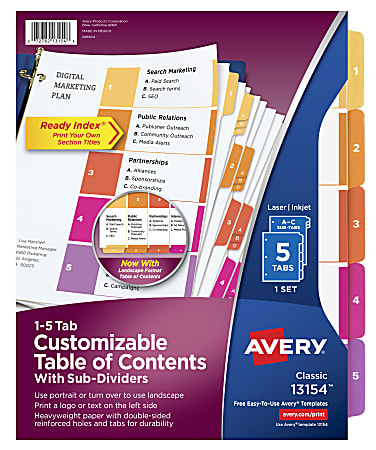 Avery® Ready Index® Table Of Contents Dividers With Sub-Dividers, 8 1/2" x 11", White, 5 Tabs Per Set, Pack Of 4 Sets