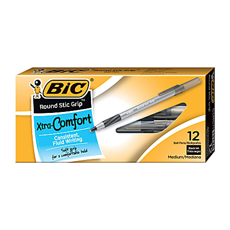 BIC® Round Stic Grip™ Xtra-Comfort Ballpoint Pens, Medium Point, 1.2 mm, Gray Barrel, Black Ink, Pack Of 12 Pens