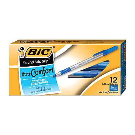 BIC Round Stic Grip Xtra Comfort Ballpoint Pens, Medium Point, 1.2 mm, Gray Barrel, Blue Ink, Pack Of 12 Pens