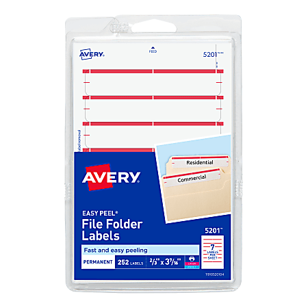 Avery® File Folder Labels On 4" x 6" Sheet With Easy Peel, 5201, Rectangle, 2/3" x 3-7/16", White With Red Color Bar, Pack Of 252 Labels