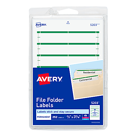Avery® File Folder Labels On 4" x 6" Sheet With Easy Peel, 5203, Rectangle, 2/3" x 3-7/16", White With Green Color Bar, Pack Of 252 Labels