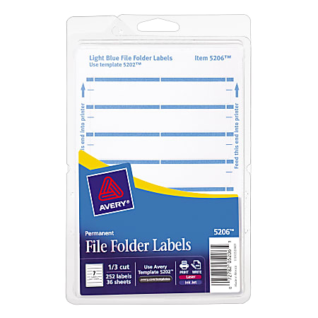 Avery® Print-Or-Write Permanent Inkjet/Laser File Folder Labels, 5206, 5/8" x 3 1/2", Light Blue, Pack Of 252