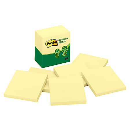Post it® Greener Notes, 100% Recycled, 3" x 3", Canary Yellow, Pack Of 6 Pads